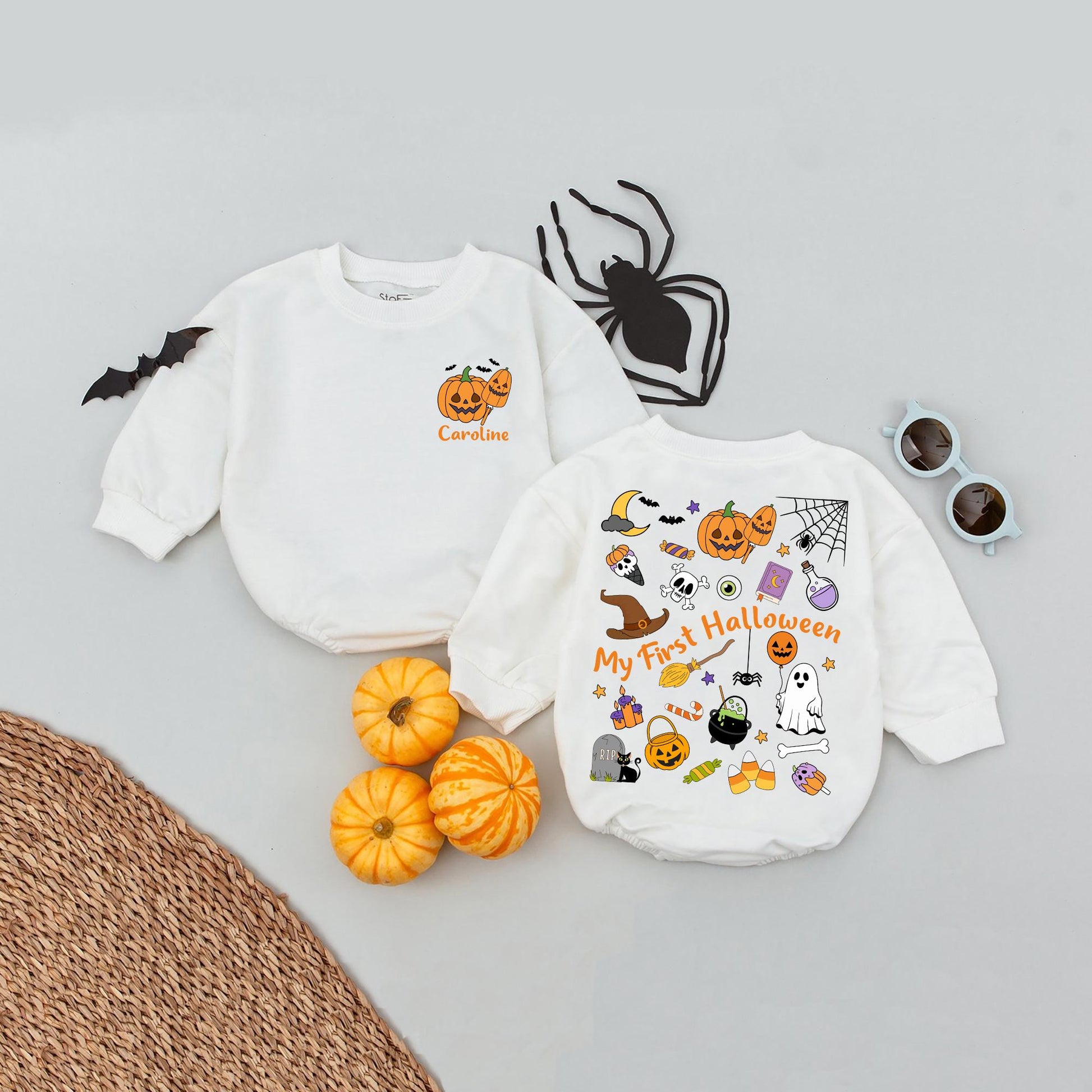 My First Halloween Personalized Baby Romper Cute Ghost Pumpkin Jack-o-Lantern Design for Baby's Spooky Season Outfit