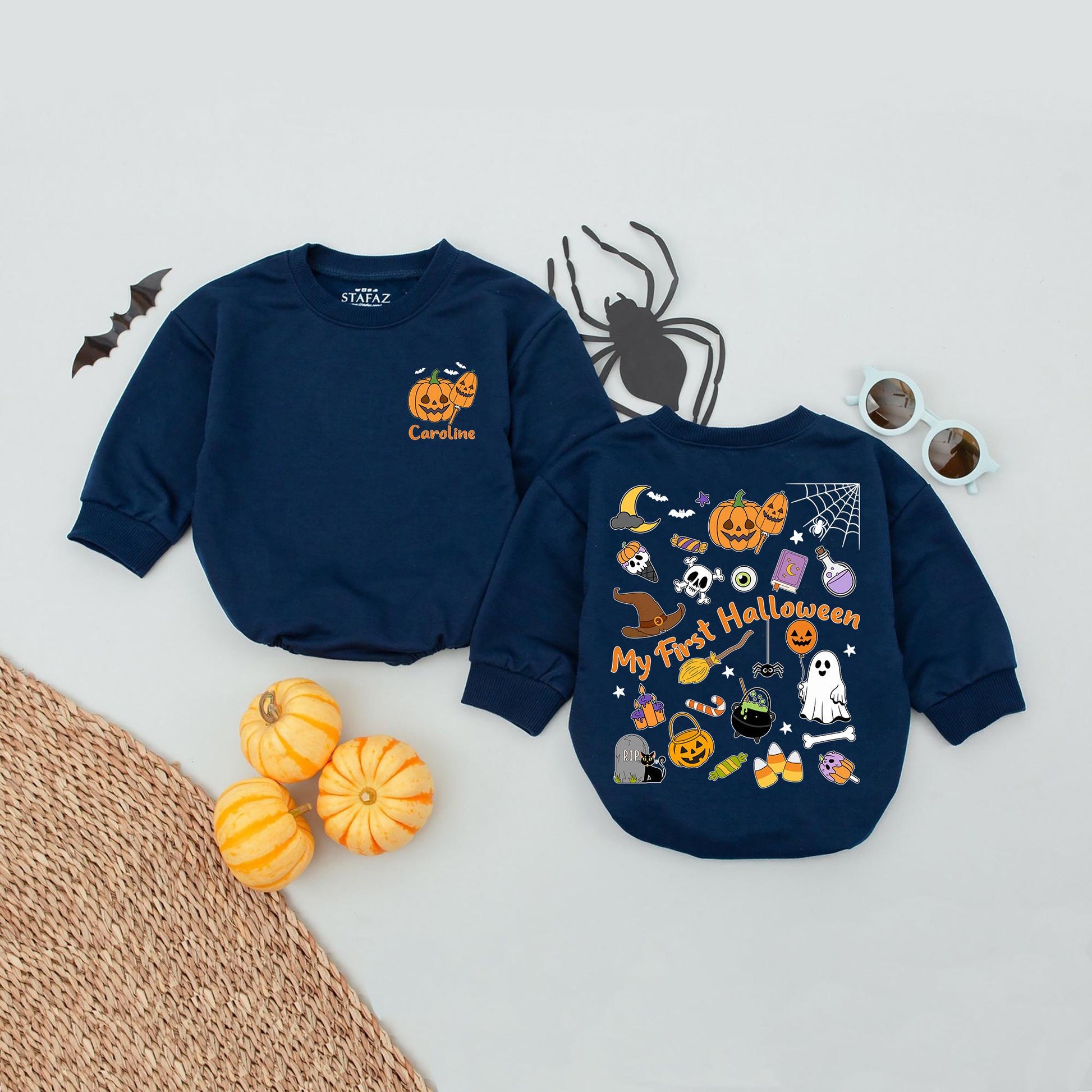 My First Halloween Personalized Baby Romper Cute Ghost Pumpkin Jack-o-Lantern Design for Baby's Spooky Season Outfit