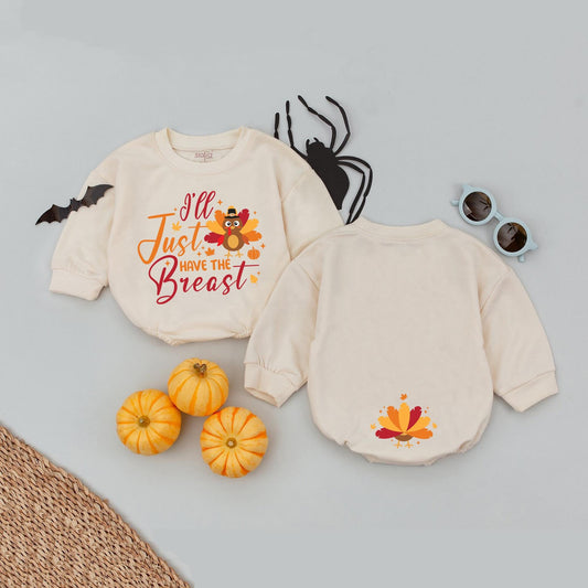 I'll Just Have The Breast Baby Romper: Funny Thanksgiving Outfit with Turkey Pilgrim Design, My First Thanksgiving Fall Infant Outfit, Cute Turkey Feather Back (139 chars)