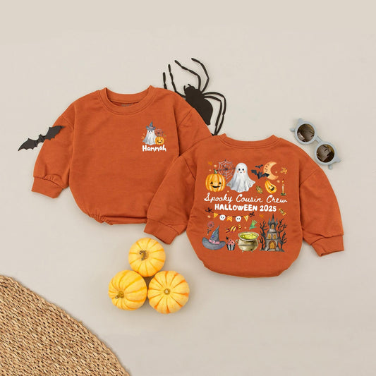 Spooky Cousin Crew Halloween Bubble Romper, Personalized Baby Romper for Kids, Cute Ghost & Pumpkin Design, Matching Cousins Outfit 2025