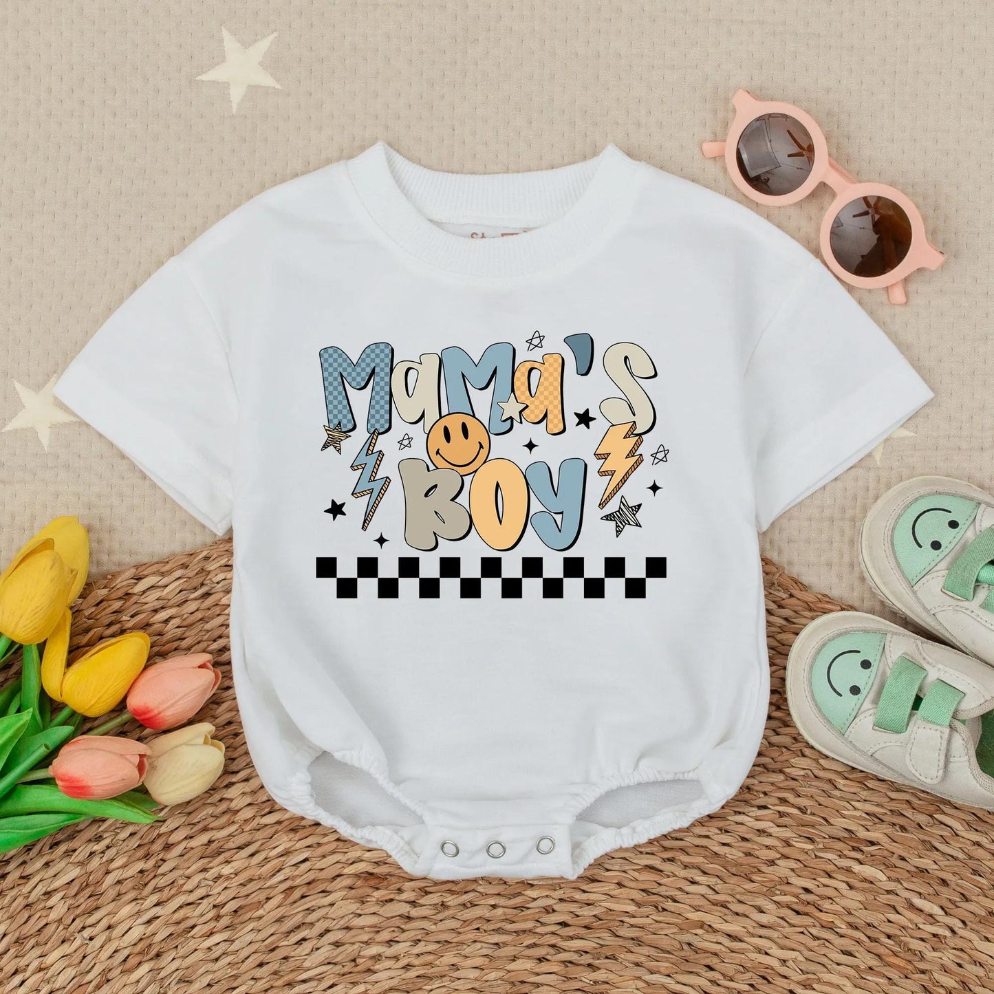 Mama's Boy Baby Bubble Romper - Colorful Graphic Baby Boy Outfit - Checkered Design Baby Shower Gift - Newborn Clothes