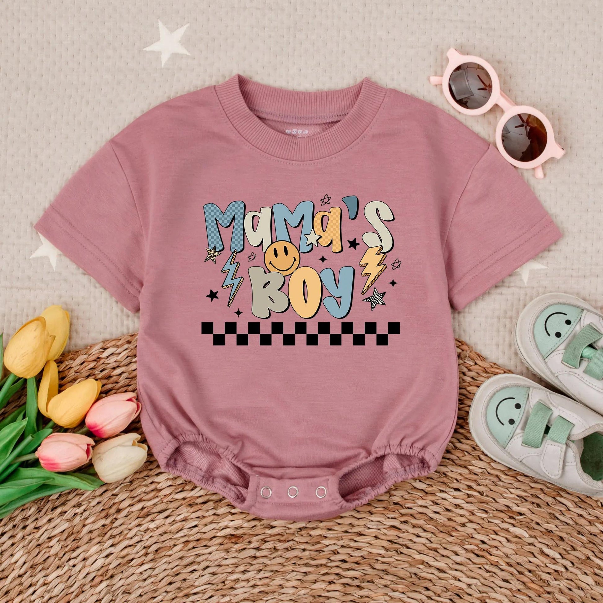 Mama's Boy Baby Bubble Romper - Colorful Graphic Baby Boy Outfit - Checkered Design Baby Shower Gift - Newborn Clothes