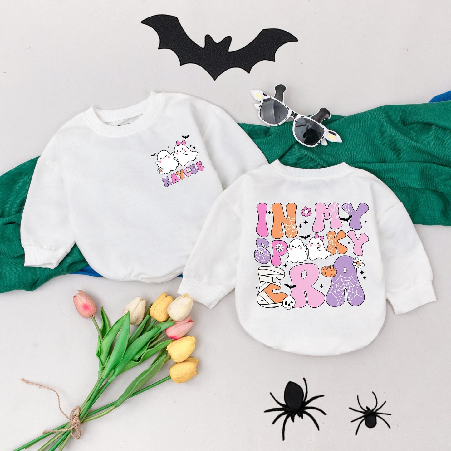 Personalized In My Spooky Era Baby Romper, Retro Halloween Bodysuit, Custom Name First Halloween Outfit, Spooky Season Gift, Pink Purple Orange
