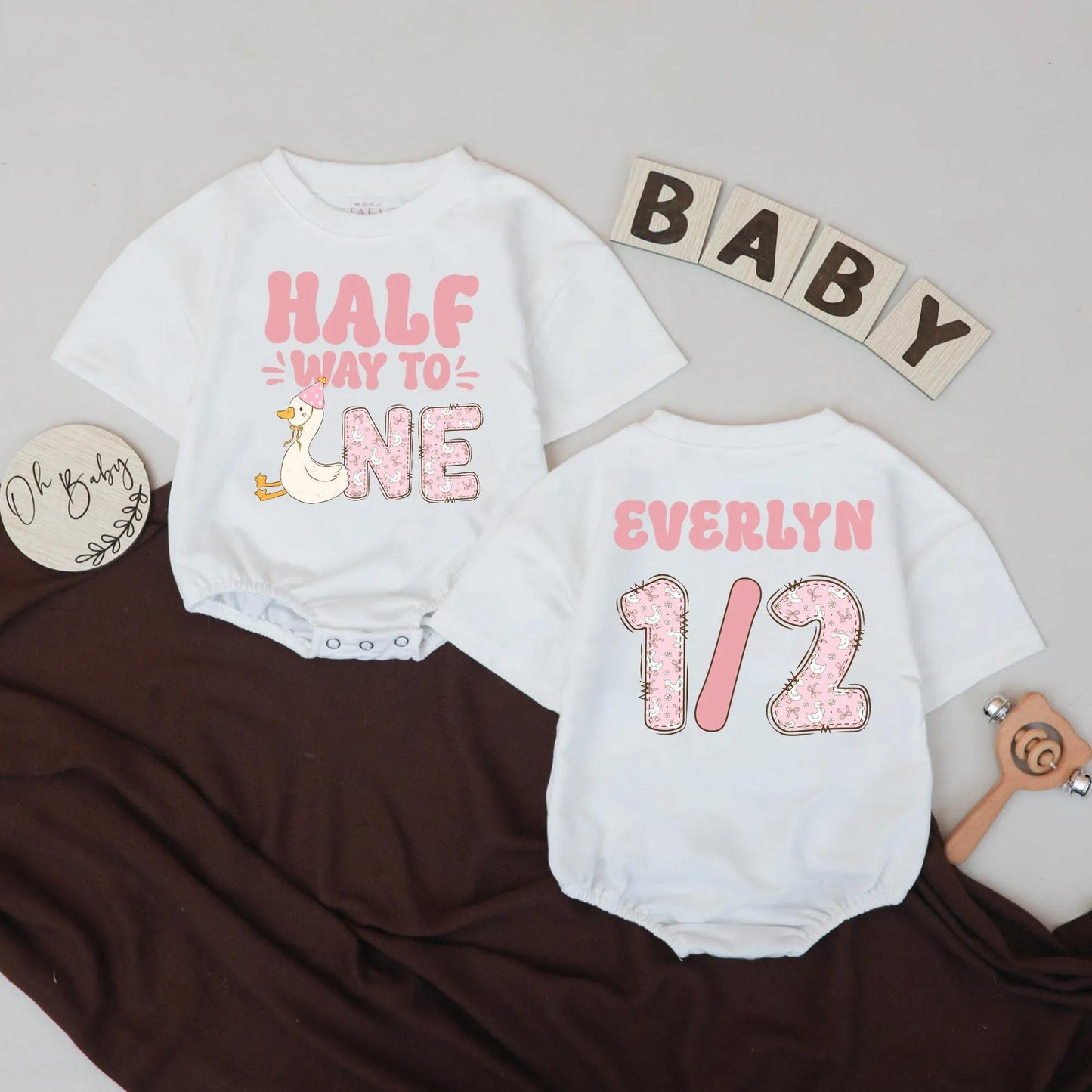 Half Way to One Silly Goose Baby Girl Romper, 6 Month Birthday Outfit, Pink & White Design, Custom Name 1/2 Bodysuit, Milestone Gift