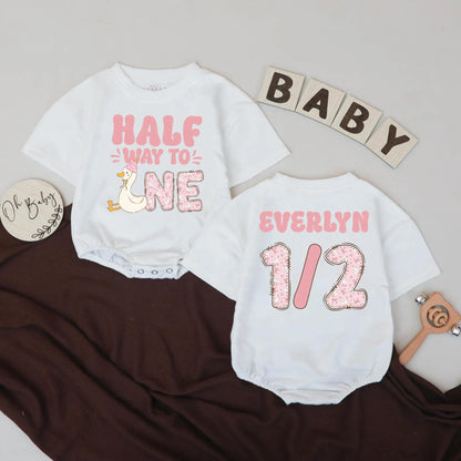 Half Way to One Silly Goose Baby Girl Romper, 6 Month Birthday Outfit, Pink & White Design, Custom Name 1/2 Bodysuit, Milestone Gift