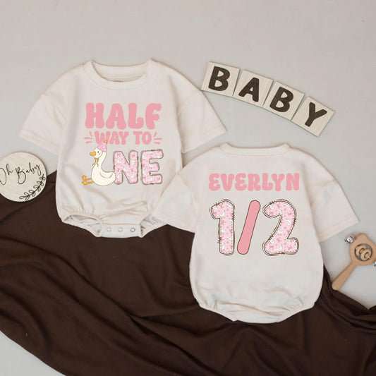 Half Way to One Silly Goose Baby Girl Romper, 6 Month Birthday Outfit, Pink & White Design, Custom Name 1/2 Bodysuit, Milestone Gift