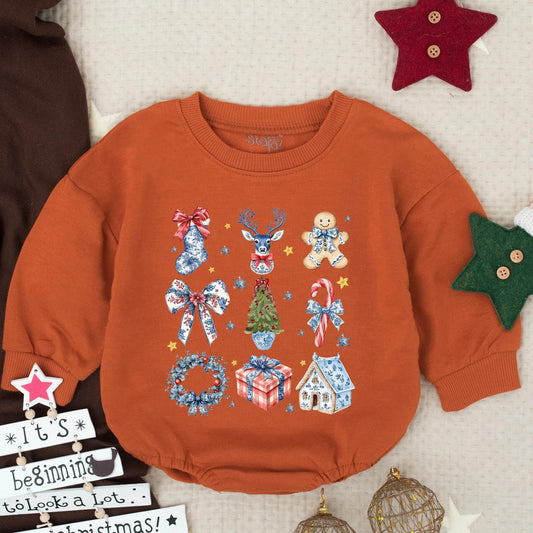 Chinoiserie Christmas Baby Romper Outfit, Festive Deer & Snowflake Print, Holiday Baby Girl Bodysuit, Christmas Tree Gift, Newborn