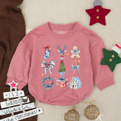 Chinoiserie Christmas Baby Romper Outfit, Festive Deer & Snowflake Print, Holiday Baby Girl Bodysuit, Christmas Tree Gift, Newborn