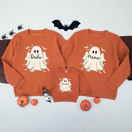 Personalized Family Ghost Sweatshirts, Cute Matching Halloween Costume Shirts for Baby, Toddler, Kids—Custom Name Spooky Season Trick or Treat Outfits 