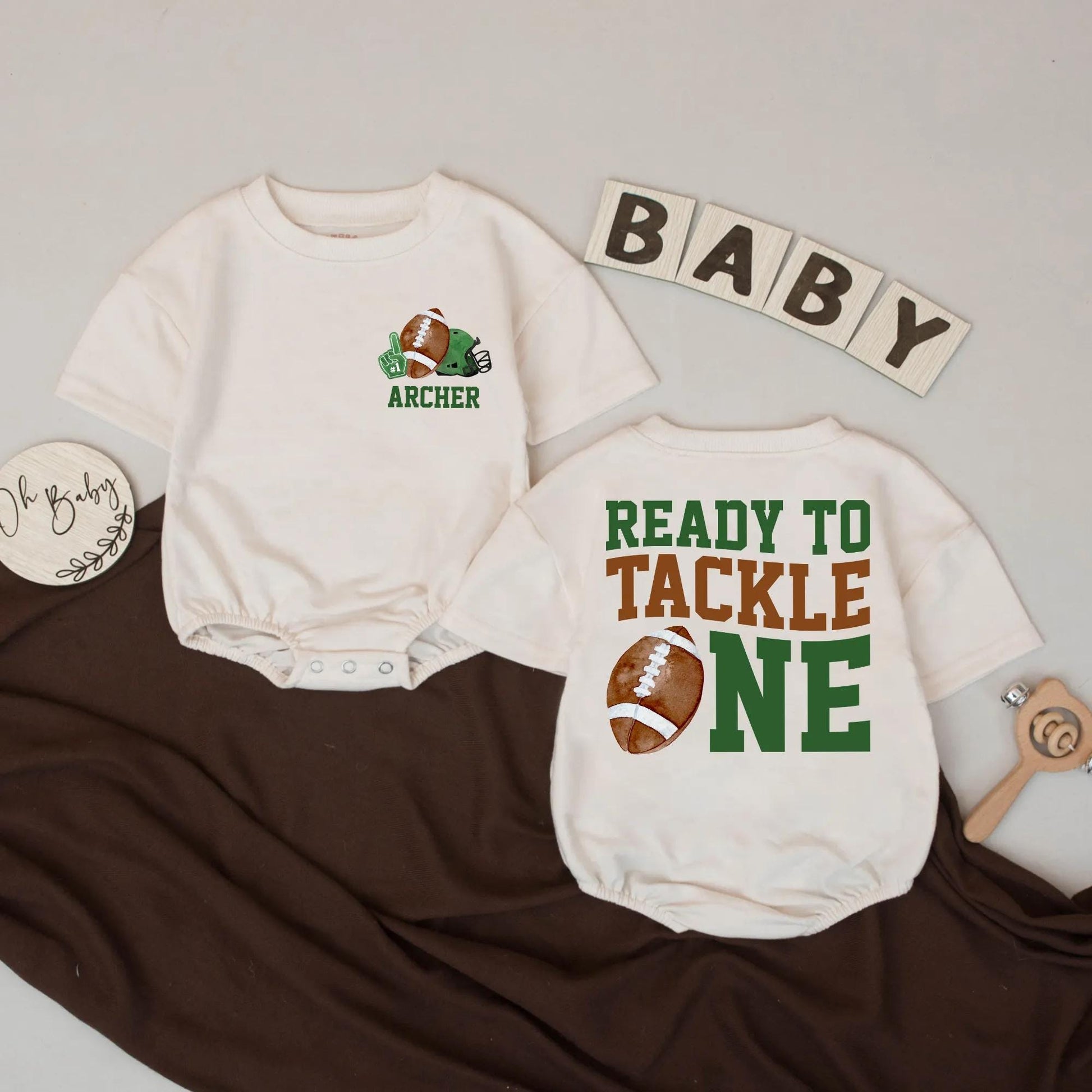 Personalized Ready To Tackle One Football First Birthday Romper Soft Baby Boy Game Day Party Outfit Watercolor Bodysuit Shower Gift