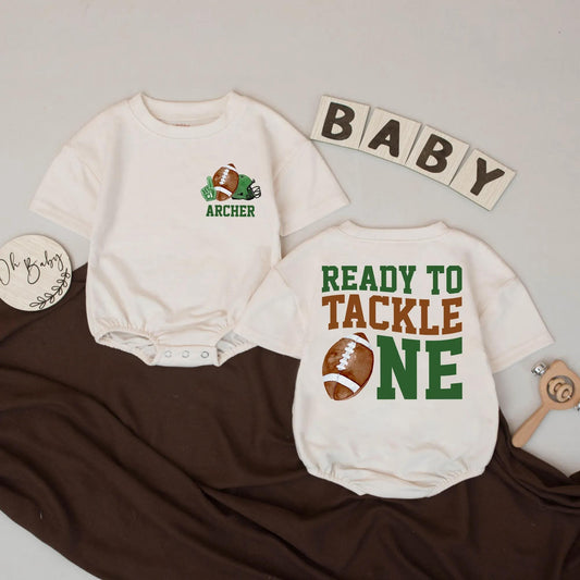 Personalized Ready To Tackle One Football First Birthday Romper Soft Baby Boy Game Day Party Outfit Watercolor Bodysuit Shower Gift