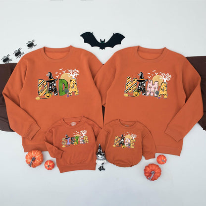 Spooky Family Halloween Sweatshirts Matching Set: Dada, Mama, Sister & Baby in Fun Halloween Prints, Personalized Option Available, Family Spooky Season Sweater