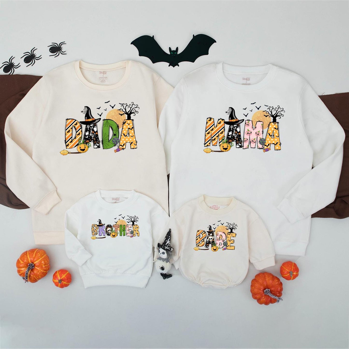 Spooky Family Halloween Sweatshirts Matching Set: Dada, Mama, Sister & Baby in Fun Halloween Prints, Personalized Option Available, Family Spooky Season Sweater