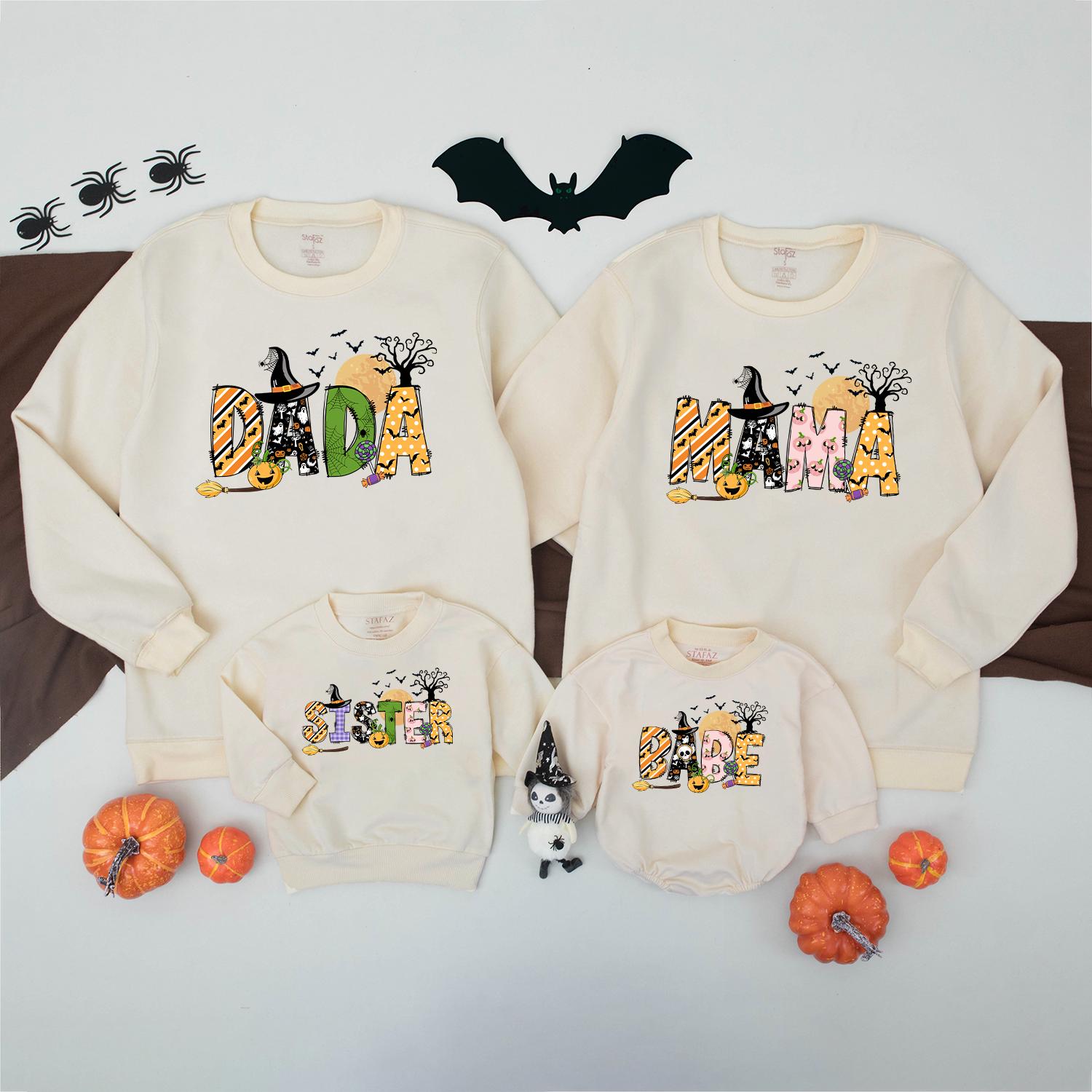 Spooky Family Halloween Sweatshirts Matching Set: Dada, Mama, Sister & Baby in Fun Halloween Prints, Personalized Option Available, Family Spooky Season Sweater
