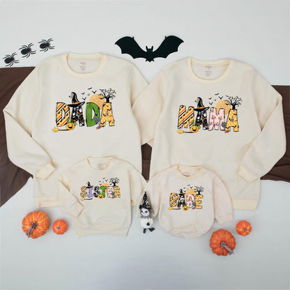 Spooky Family Halloween Sweatshirts Matching Set: Dada, Mama, Sister & Baby in Fun Halloween Prints, Personalized Option Available, Family Spooky Season Sweater