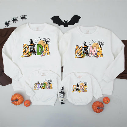 Spooky Family Halloween Sweatshirts Matching Set: Dada, Mama, Sister & Baby in Fun Halloween Prints, Personalized Option Available, Family Spooky Season Sweater