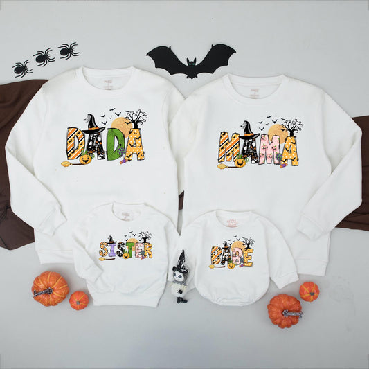 Spooky Family Halloween Sweatshirts Matching Set: Dada, Mama, Sister & Baby in Fun Halloween Prints, Personalized Option Available, Family Spooky Season Sweater