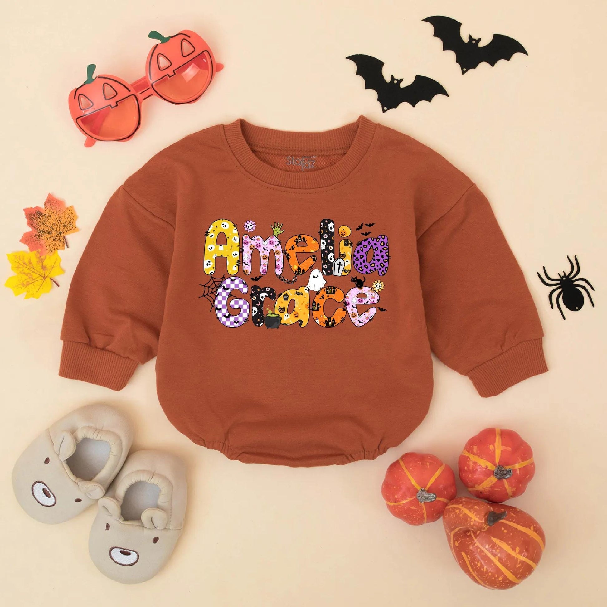 Amelia Grace Halloween Baby Girl Romper Custom Name Ghost Pumpkin Bat Floral Fall Bodysuit Cute Baby Shower Gift