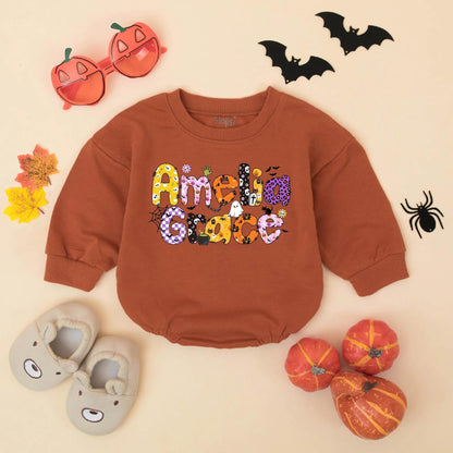 Amelia Grace Halloween Baby Girl Romper Custom Name Ghost Pumpkin Bat Floral Fall Bodysuit Cute Baby Shower Gift