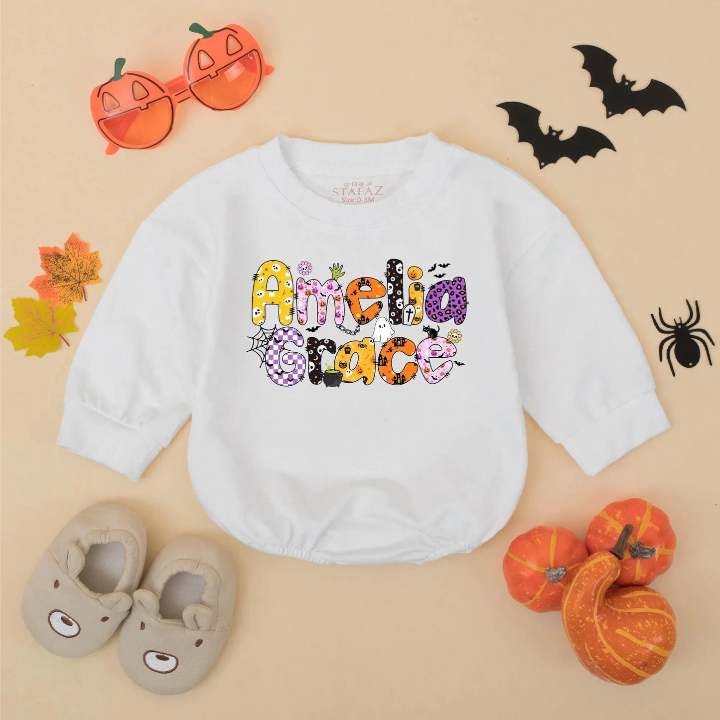 Amelia Grace Halloween Baby Girl Romper Custom Name Ghost Pumpkin Bat Floral Fall Bodysuit Cute Baby Shower Gift