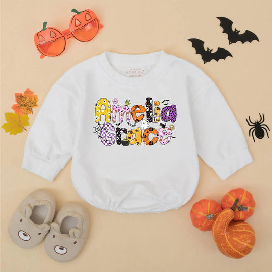 Amelia Grace Halloween Baby Girl Romper Custom Name Ghost Pumpkin Bat Floral Fall Bodysuit Cute Baby Shower Gift
