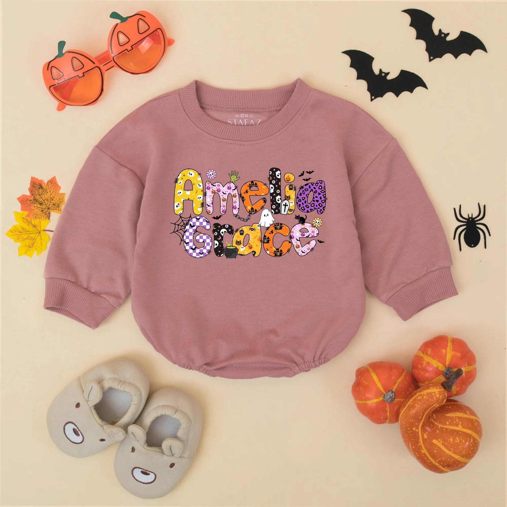 Amelia Grace Halloween Baby Girl Romper Custom Name Ghost Pumpkin Bat Floral Fall Bodysuit Cute Baby Shower Gift