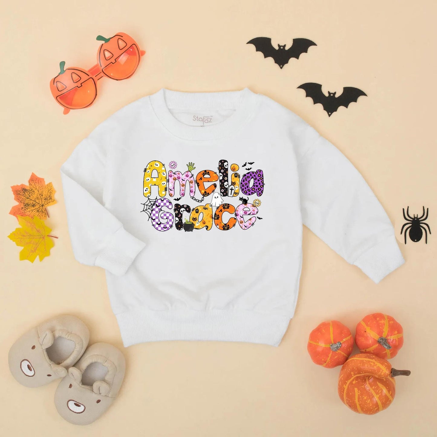 Amelia Grace Halloween Baby Girl Romper Custom Name Ghost Pumpkin Bat Floral Fall Bodysuit Cute Baby Shower Gift