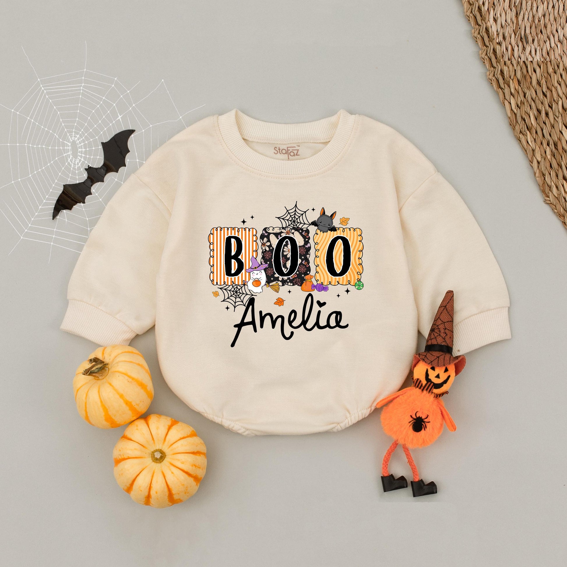 Cute Boo Halloween Bubble Romper for Baby Girl Amelia Personalized with Ghost Witch Hat Stripes Fun Fall Outfit