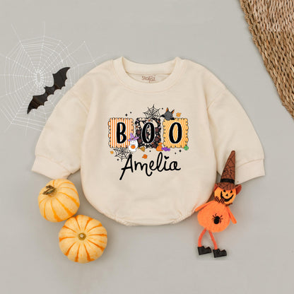 Cute Boo Halloween Bubble Romper for Baby Girl Amelia Personalized with Ghost Witch Hat Stripes Fun Fall Outfit