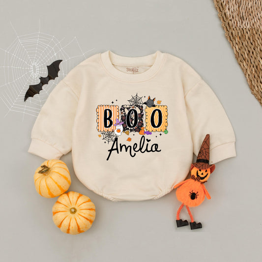 Cute Boo Halloween Bubble Romper for Baby Girl Amelia Personalized with Ghost Witch Hat Stripes Fun Fall Outfit