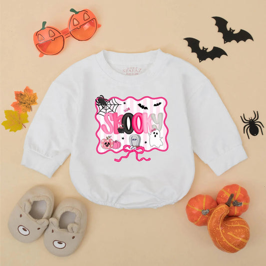 Pink Spooky Halloween Baby Girl Romper, Bubble Bodysuit with Spider Web, Bats & Pumpkins, Cute First Halloween Gift for Toddler