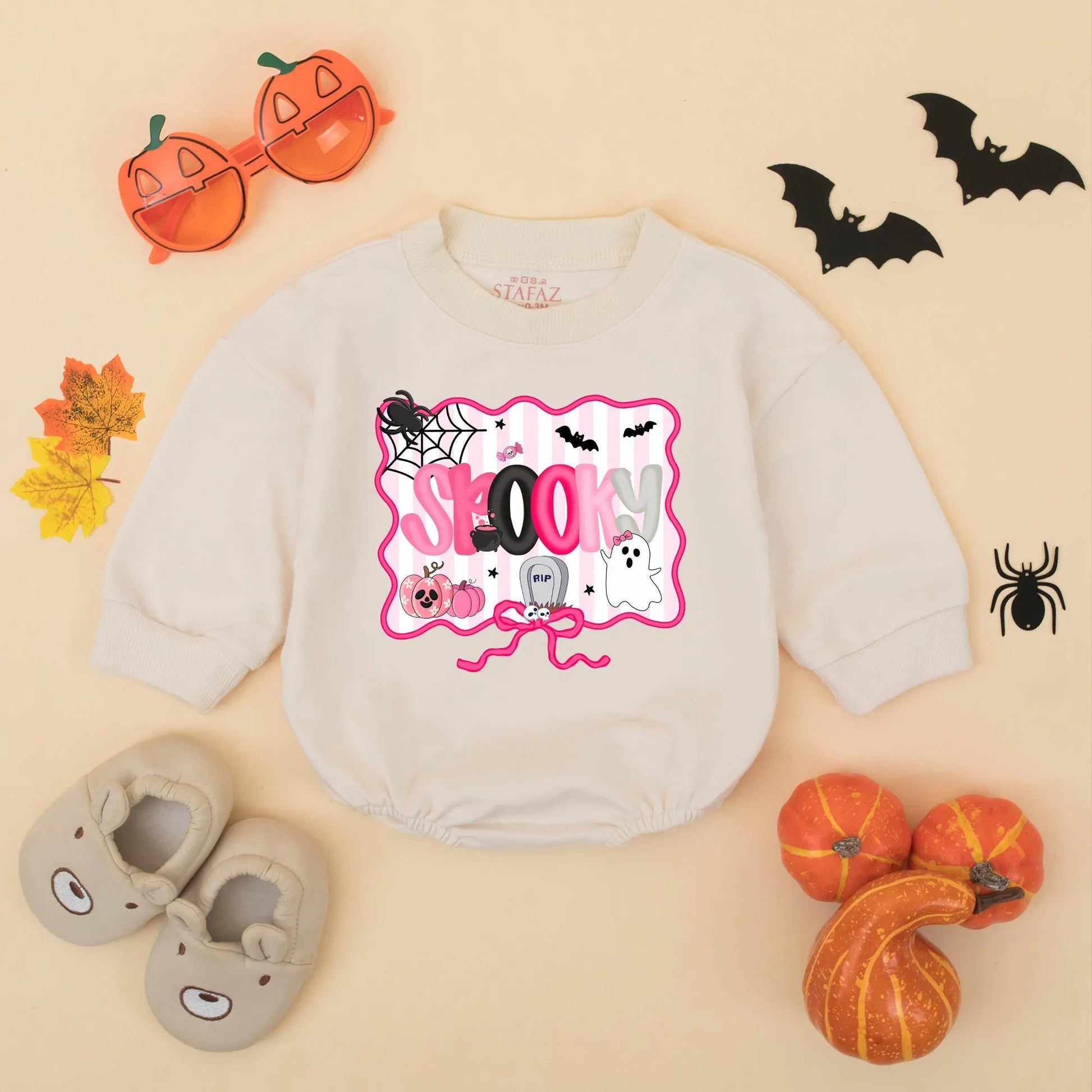 Pink Spooky Halloween Baby Girl Romper, Bubble Bodysuit with Spider Web, Bats & Pumpkins, Cute First Halloween Gift for Toddler