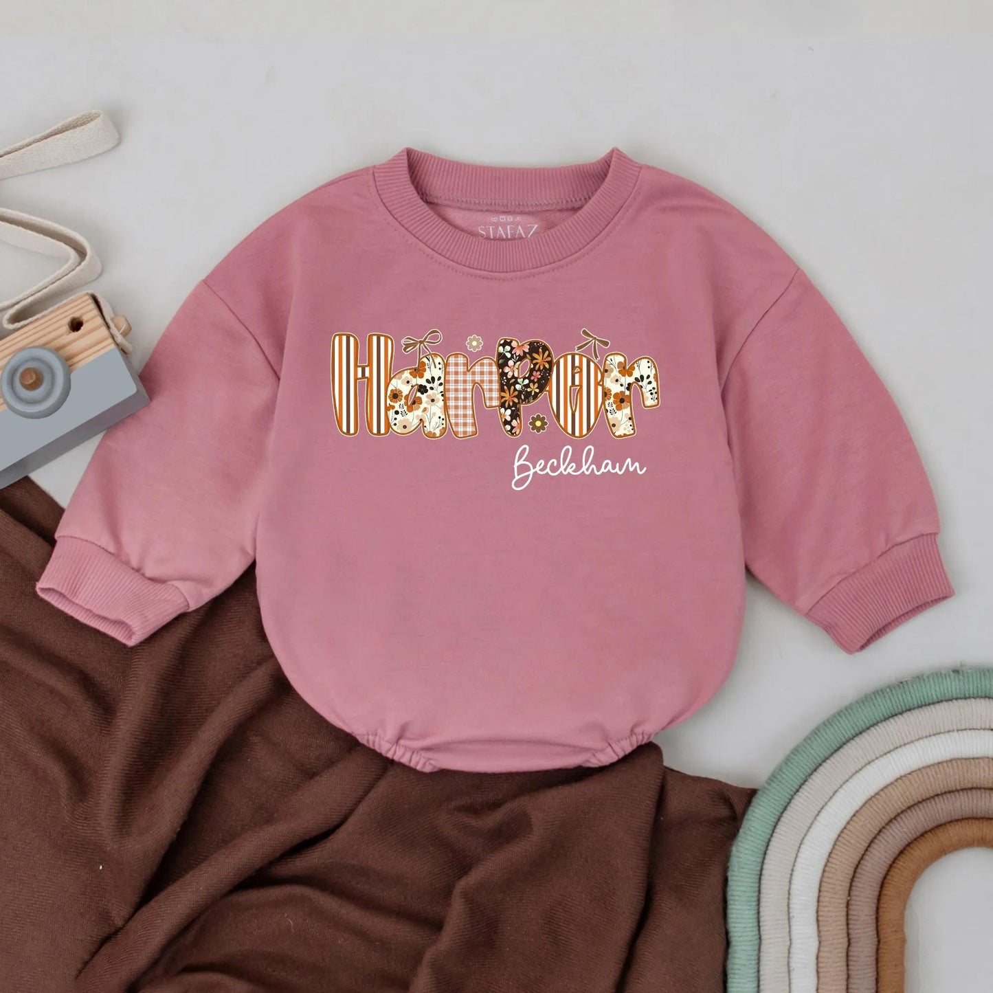 Harper Beckham Retro Fall Girl Romper Custom Pumpkin Floral Baby Outfit First Thanksgiving Toddler Gift Autumn Apparel