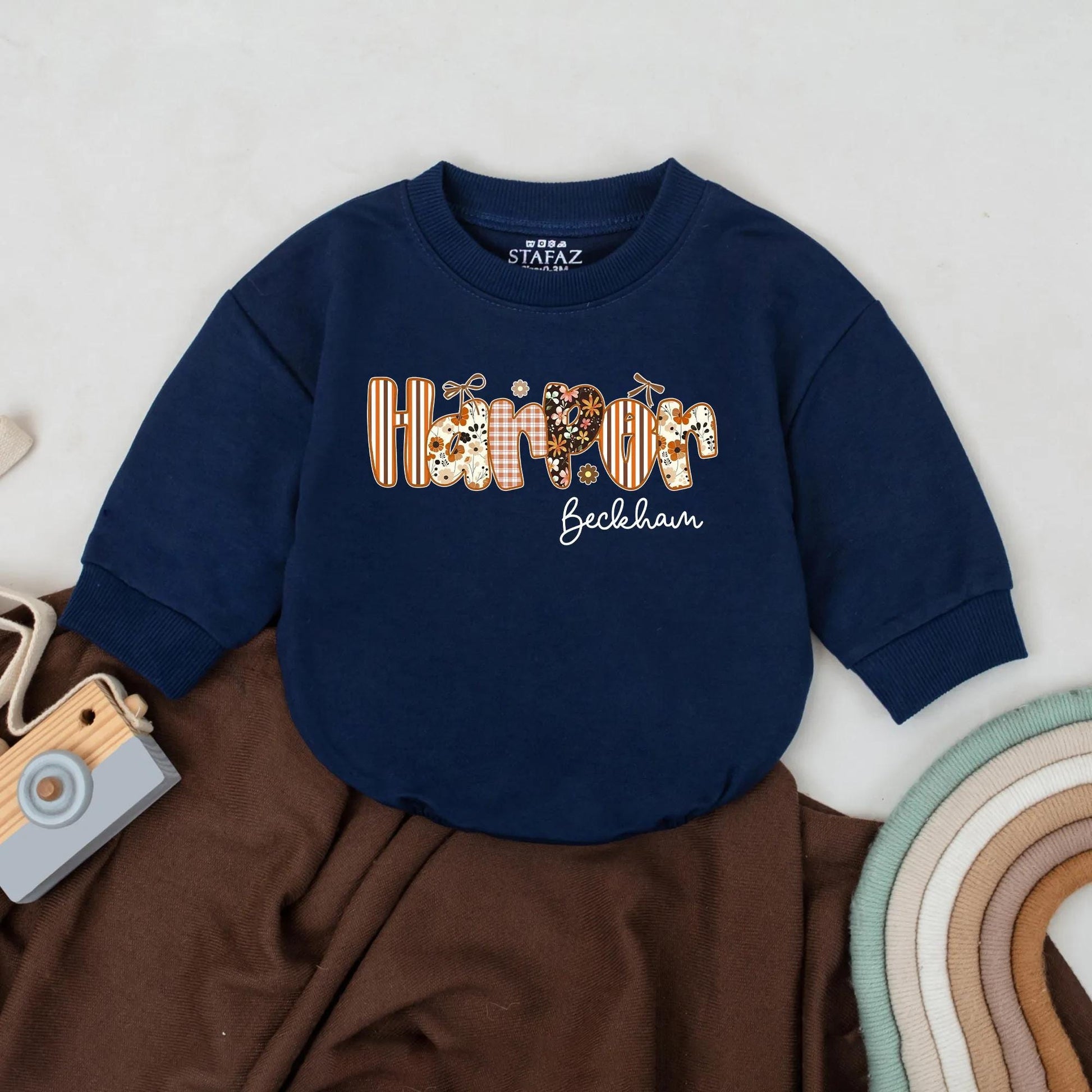 Harper Beckham Retro Fall Girl Romper Custom Pumpkin Floral Baby Outfit First Thanksgiving Toddler Gift Autumn Apparel