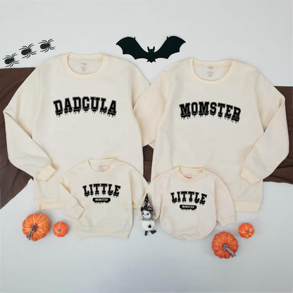 Matching Family Halloween Sweatshirts: Dadcula, Momster, & Little Monster! Spooky Collegiate Style Shirts for a Fun, Festive Family Costume, Comfy & Playful