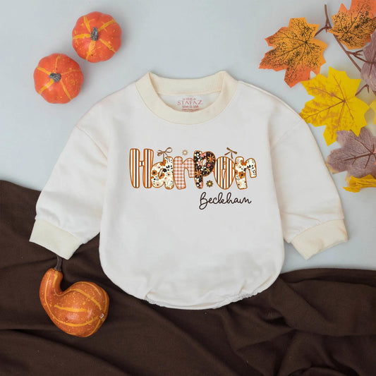 Harper Beckham Retro Fall Girl Romper Custom Pumpkin Floral Baby Outfit First Thanksgiving Toddler Gift Autumn Apparel