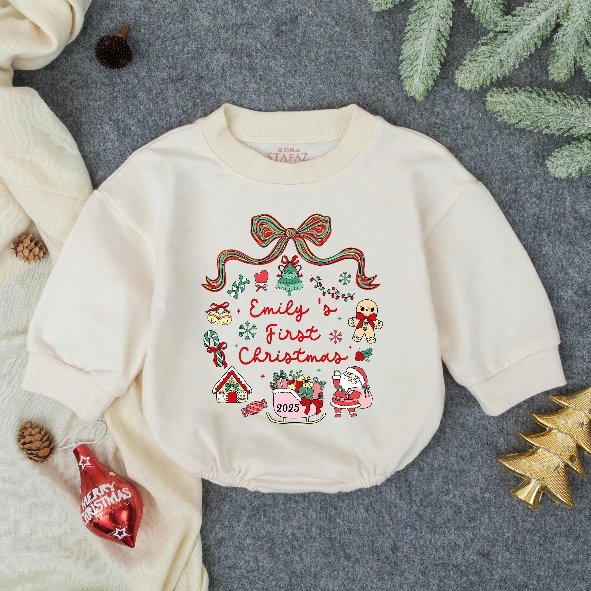 Emily's First Christmas Personalized Baby Bubble Romper Holiday Outfit Red Green Gingerbread Claus Sleigh Festive Fun