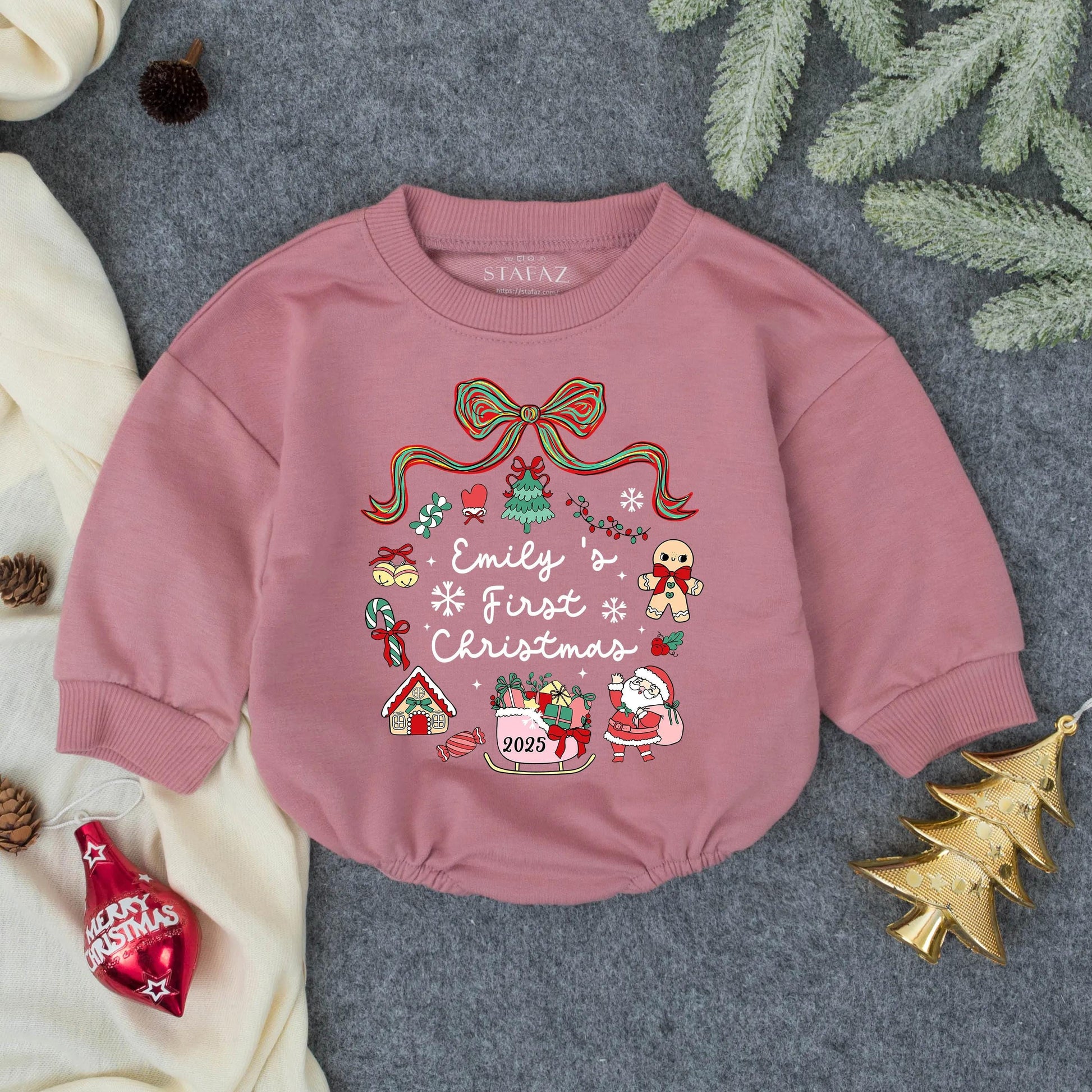 Emily's First Christmas Personalized Baby Bubble Romper Holiday Outfit Red Green Gingerbread Claus Sleigh Festive Fun