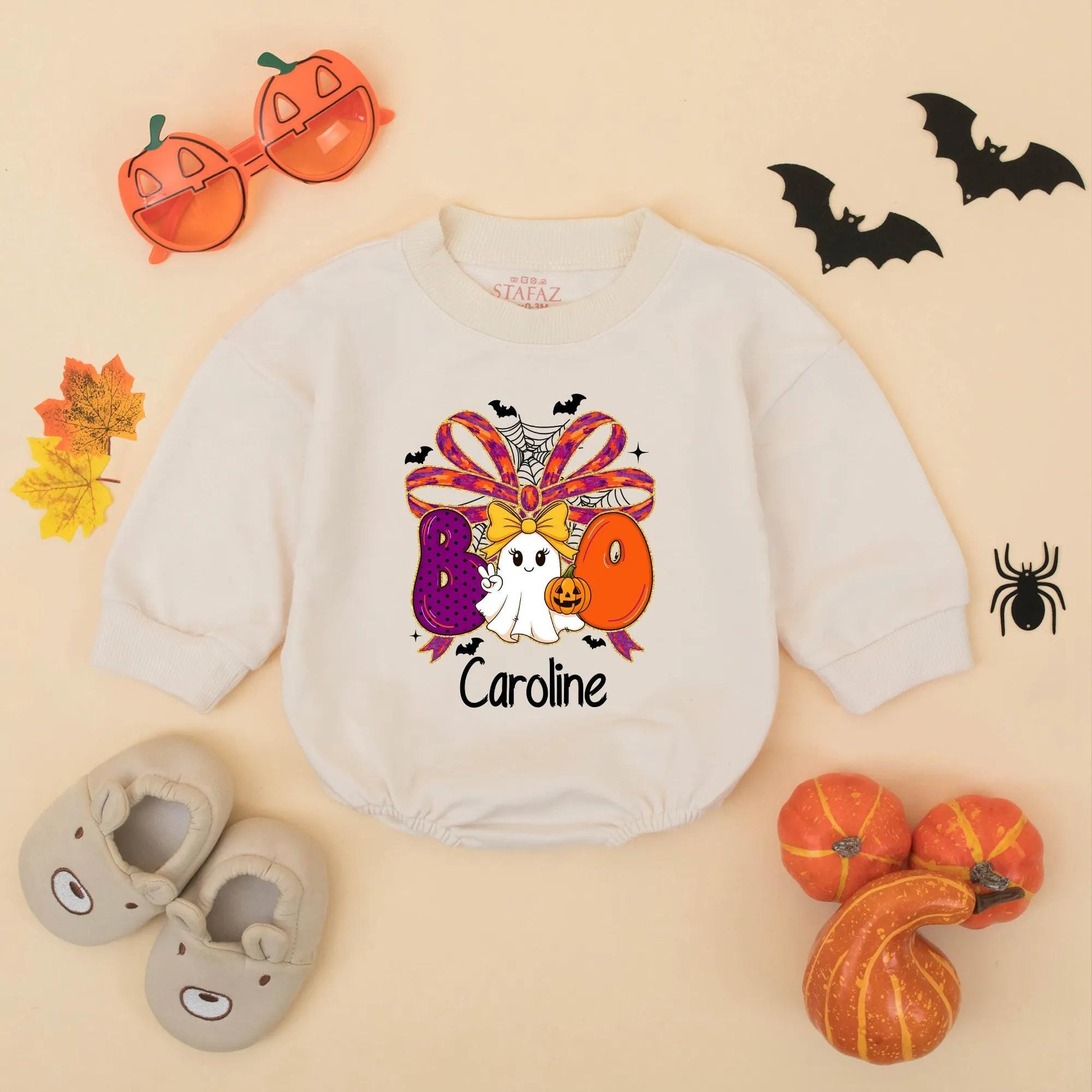Personalized Halloween Baby Girl Romper 'Caroline' Boo Ghost Pumpkin Design Spooky Outfit Fall Baby Gift Idea 1st Halloween