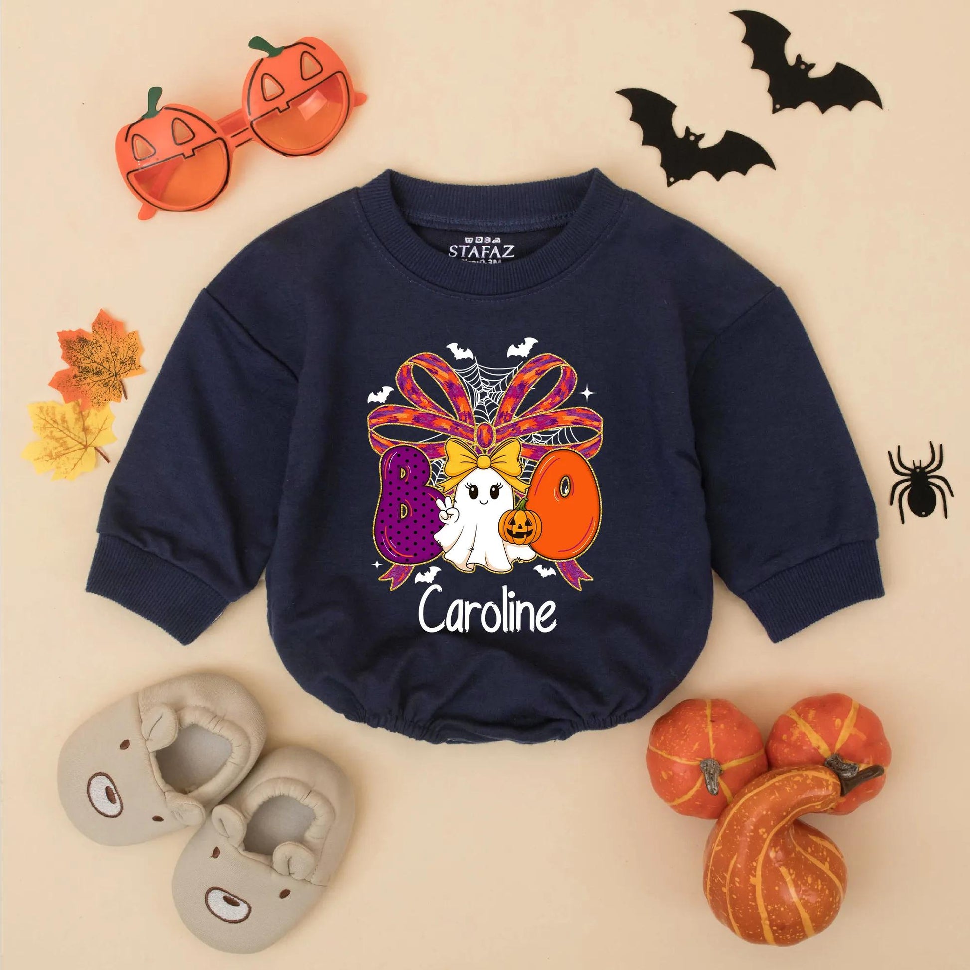 Personalized Halloween Baby Girl Romper 'Caroline' Boo Ghost Pumpkin Design Spooky Outfit Fall Baby Gift Idea 1st Halloween