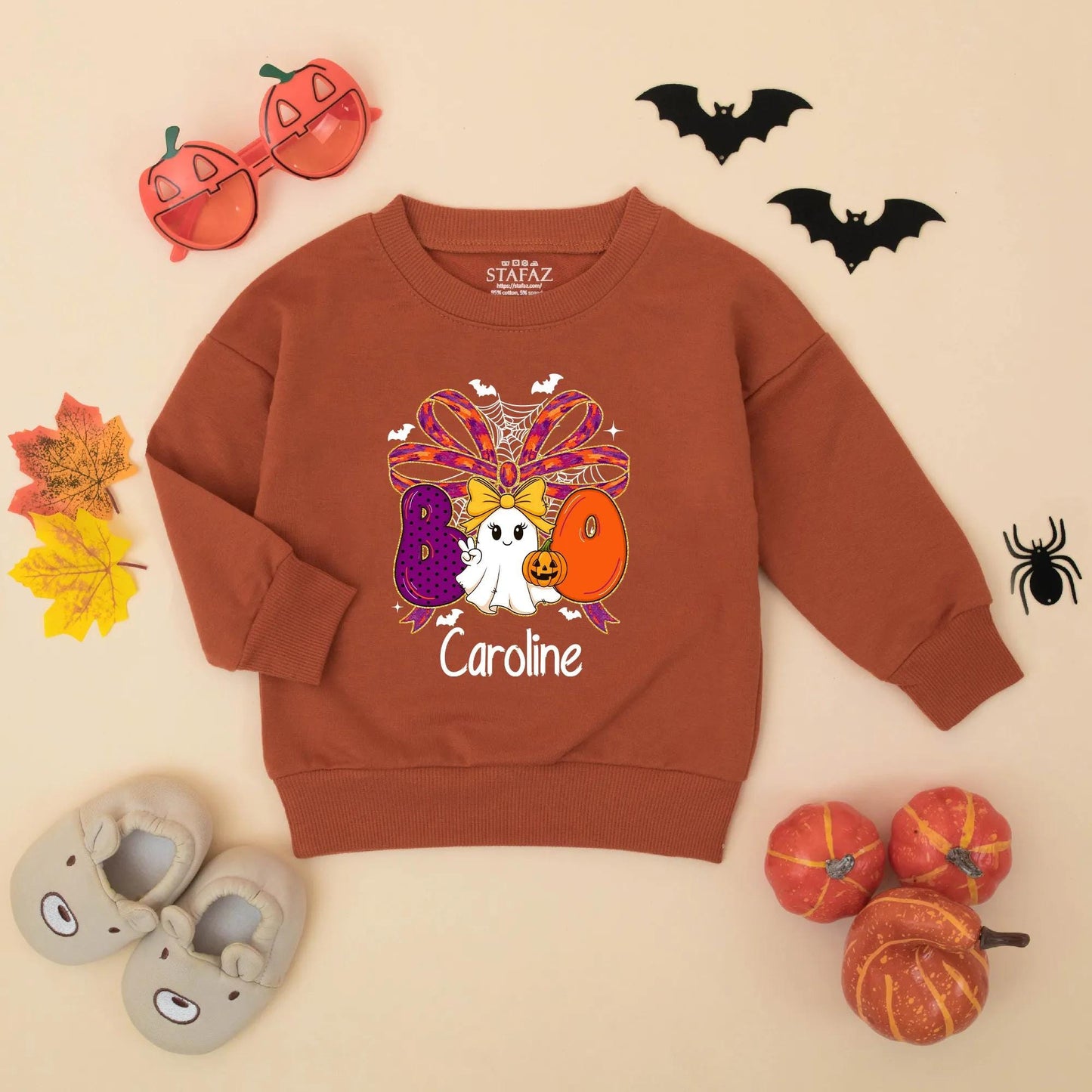 Personalized Halloween Baby Girl Romper 'Caroline' Boo Ghost Pumpkin Design Spooky Outfit Fall Baby Gift Idea 1st Halloween