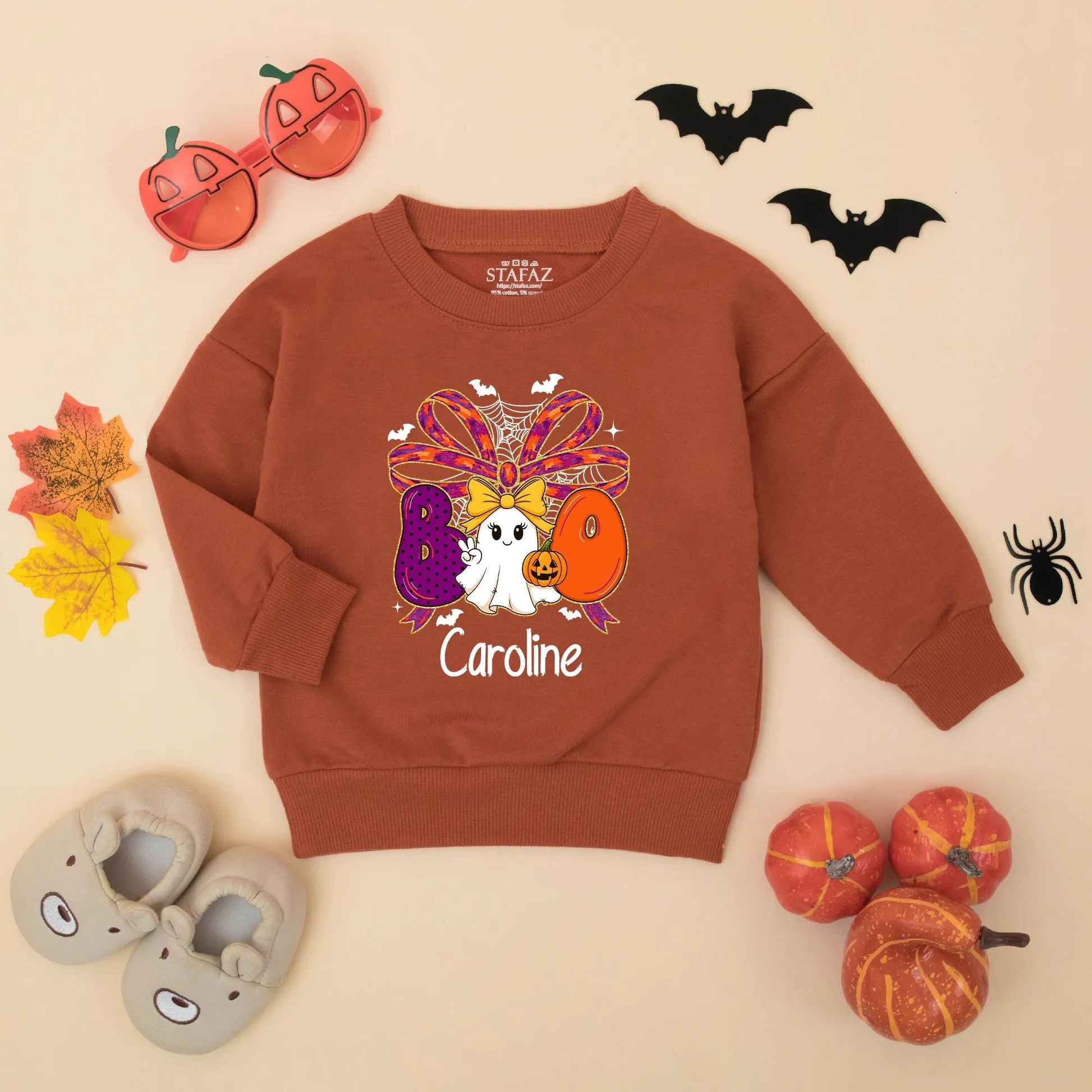 Personalized Halloween Baby Girl Romper 'Caroline' Boo Ghost Pumpkin Design Spooky Outfit Fall Baby Gift Idea 1st Halloween