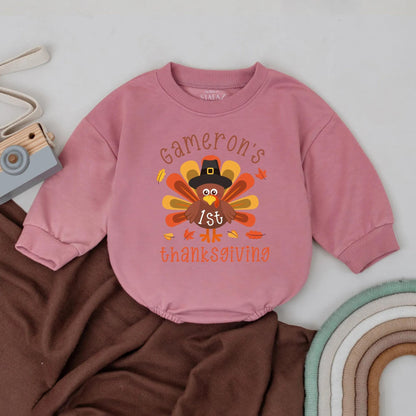 Gameron's First Thanksgiving Little Turkey Bubble Romper Cute Cartoon Baby Outfit Retro Fall Leaves Natural Whimsical Infant Clothes