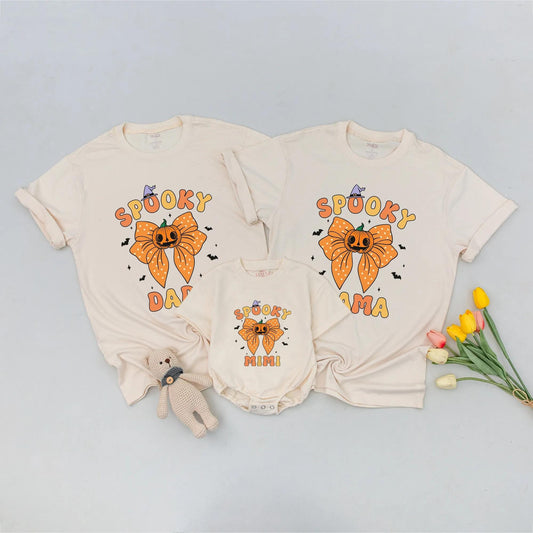 Retro Spooky Mama & Mini Matching Halloween Sweatshirt Cute Pumpkin Bow Witch Hat Family Outfit Orange Yellow Black Bats Stars