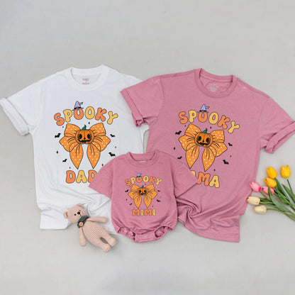 Retro Spooky Mama & Mini Matching Halloween Sweatshirt Cute Pumpkin Bow Witch Hat Family Outfit Orange Yellow Black Bats Stars
