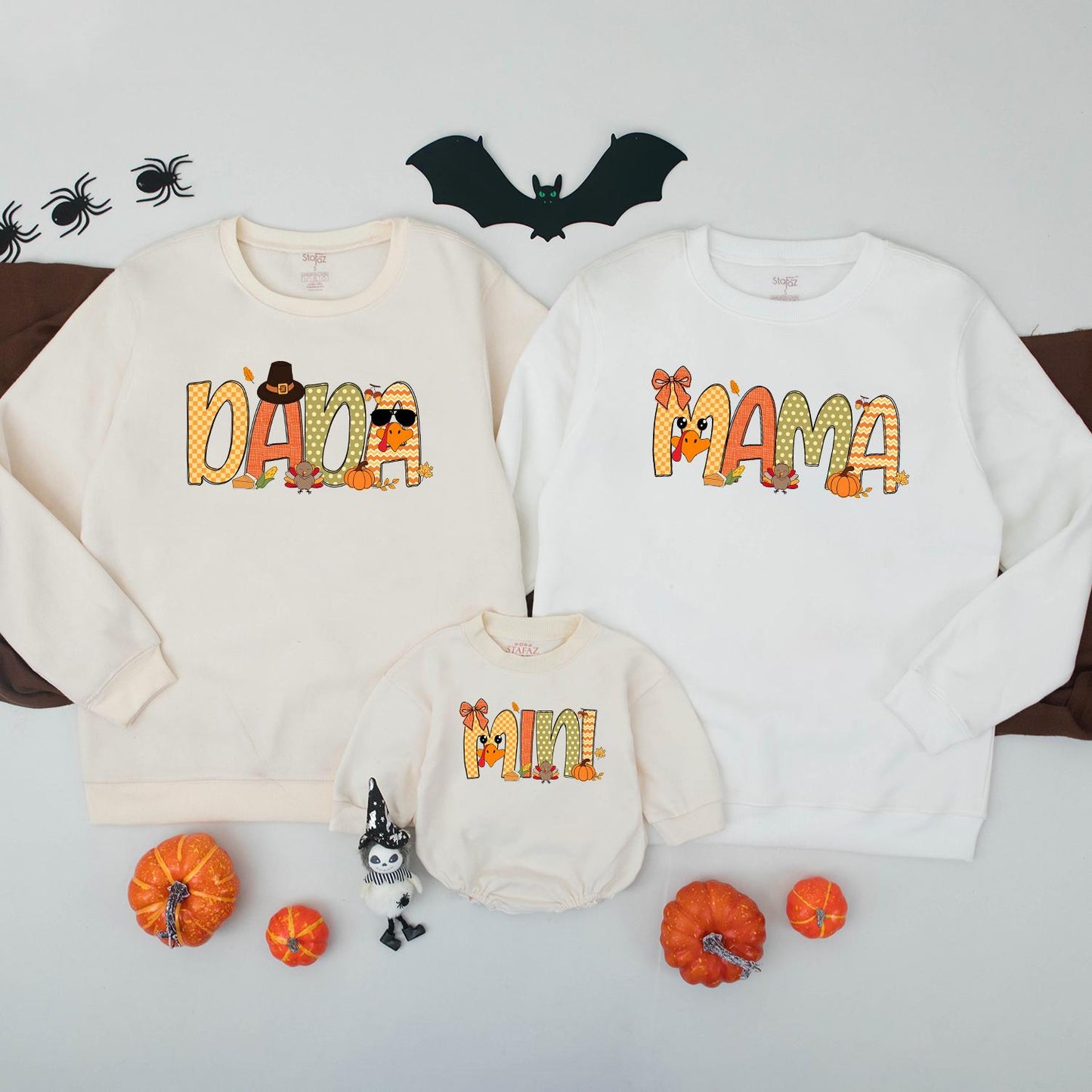 Matching Family Thanksgiving Sweatshirts: Mama, Mini, Dada, Lucas! Cute Turkey, Pumpkin Fall Outfits for Mommy and Me, Festive Holiday Shirts, Orange Plaid Designs (138)