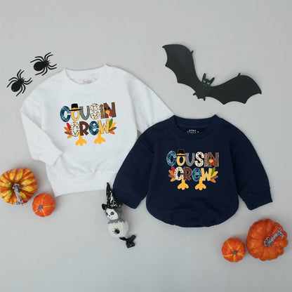 Cousin Crew Thanksgiving Shirt for Kids, Turkey Family Matching Outfit, Blue Plaid, Gingham, & Autumn Leaves Cartoon Design - Fall Thanksgiving Kids