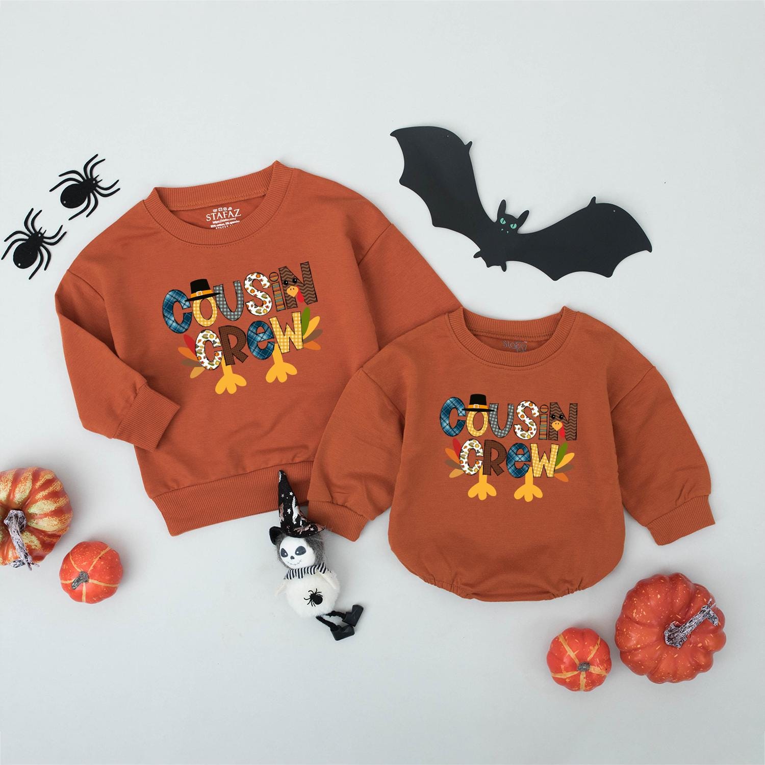 Cousin Crew Thanksgiving Shirt for Kids, Turkey Family Matching Outfit, Blue Plaid, Gingham, & Autumn Leaves Cartoon Design - Fall Thanksgiving Kids
