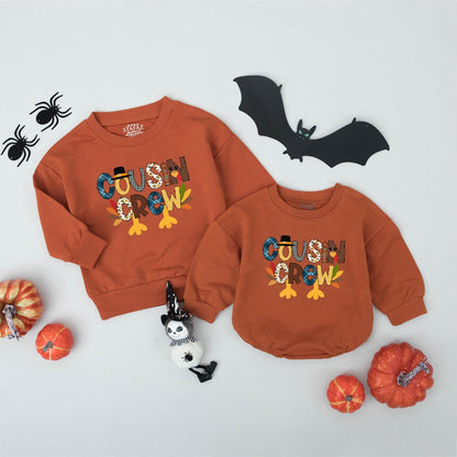 Cousin Crew Thanksgiving Shirt for Kids, Turkey Family Matching Outfit, Blue Plaid, Gingham, & Autumn Leaves Cartoon Design - Fall Thanksgiving Kids