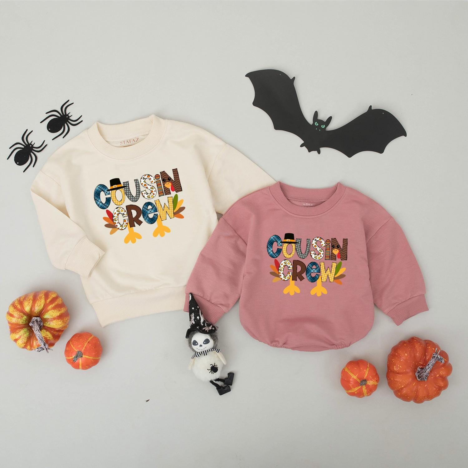 Cousin Crew Thanksgiving Shirt for Kids, Turkey Family Matching Outfit, Blue Plaid, Gingham, & Autumn Leaves Cartoon Design - Fall Thanksgiving Kids